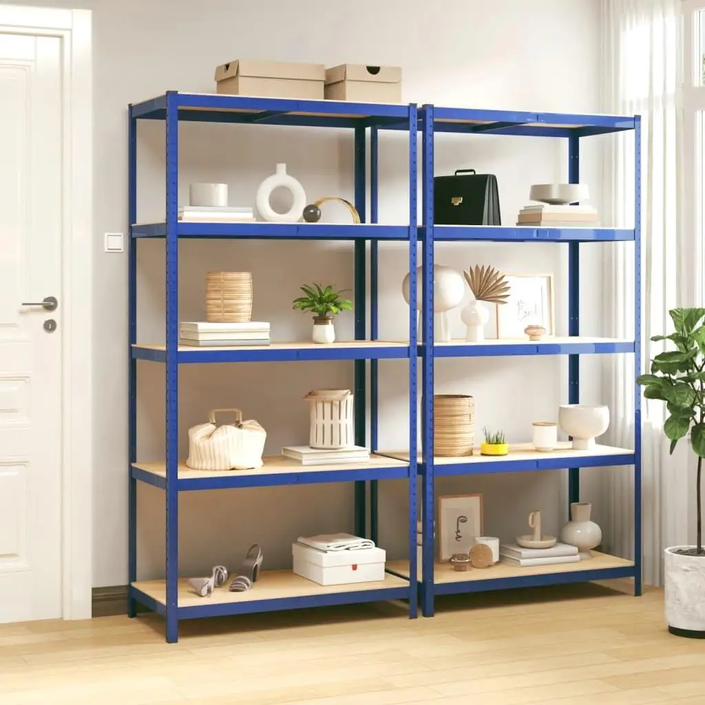 2 Pack 5-Layer Blue Steel & Engineered Wood Shelves - Durable Storage Solution