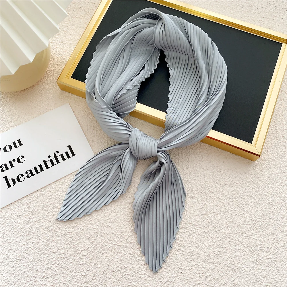 Square Scarf Silk Pleated Scarves Women Solid Color Hijabs Skinny Handkerchief Satin Crinkle Hair Scarf Decorative 70cm Bandana