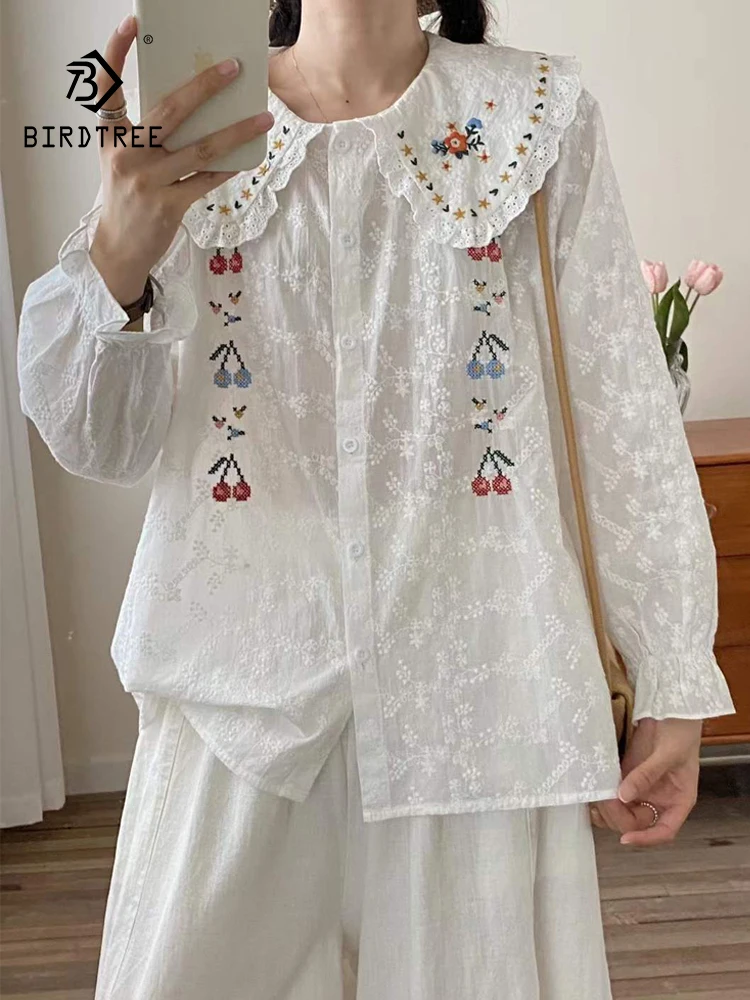 

Новая осенняя хлопковая рубашка с длинными рукавами 2025, женская свободная блузка с воротником Питера Пэна и вышивкой, Mori Girl Sweet Age Reduction T59418CC