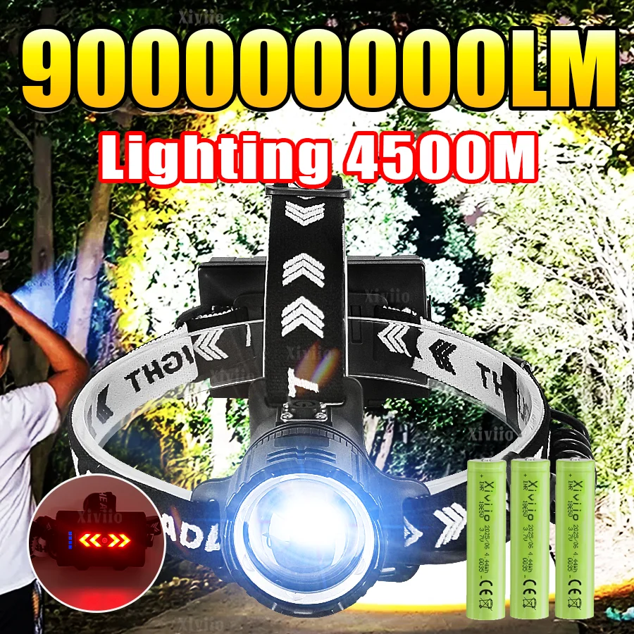 

9000000LM Ultra Bright LED Headlamp High Power Long Range 4500M Zoom Headlight Rechargeable Head Flashlight Fishing Head Lantern