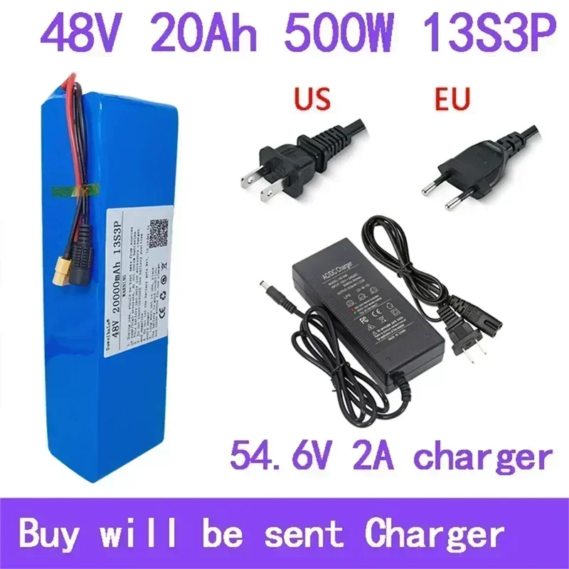 

New 48V 20000mAh 500W 13S3P XT60 18650 lithium-ion battery pack 20Ah, suitable for 54.6V charger with BMS