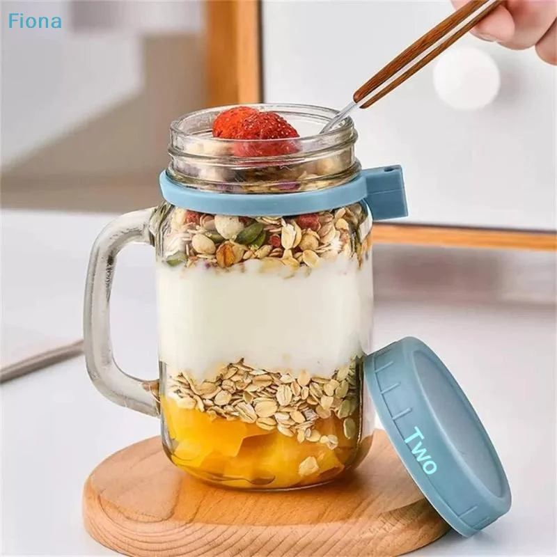 ✔ 500mlの持ち手付き蓋とスプーンが付いたガラス製オーバ - Meal Prep Oatmeal Jars のレビューと価格