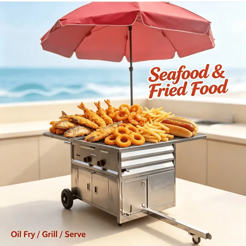 Mobile Outdoor BBQ Snack Cart Stainless Steel Towable Hot Dog Cart with Storage for Street Vendor Business Customized