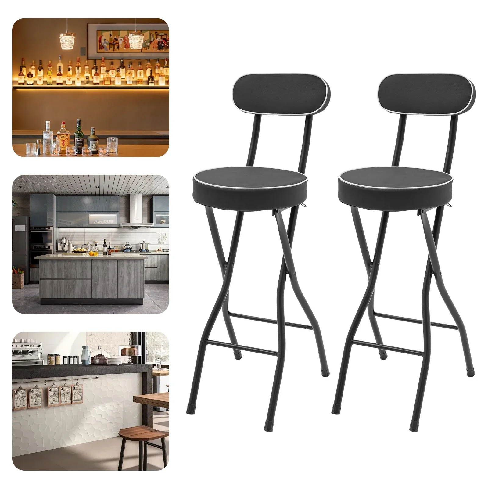 

Heavy-Duty 2-Pack Folding Bar Stools | 125kg Capacity, 50mm Padded PU Seat & Backrest, Space-Saving Fold Design (Black, Modern)​