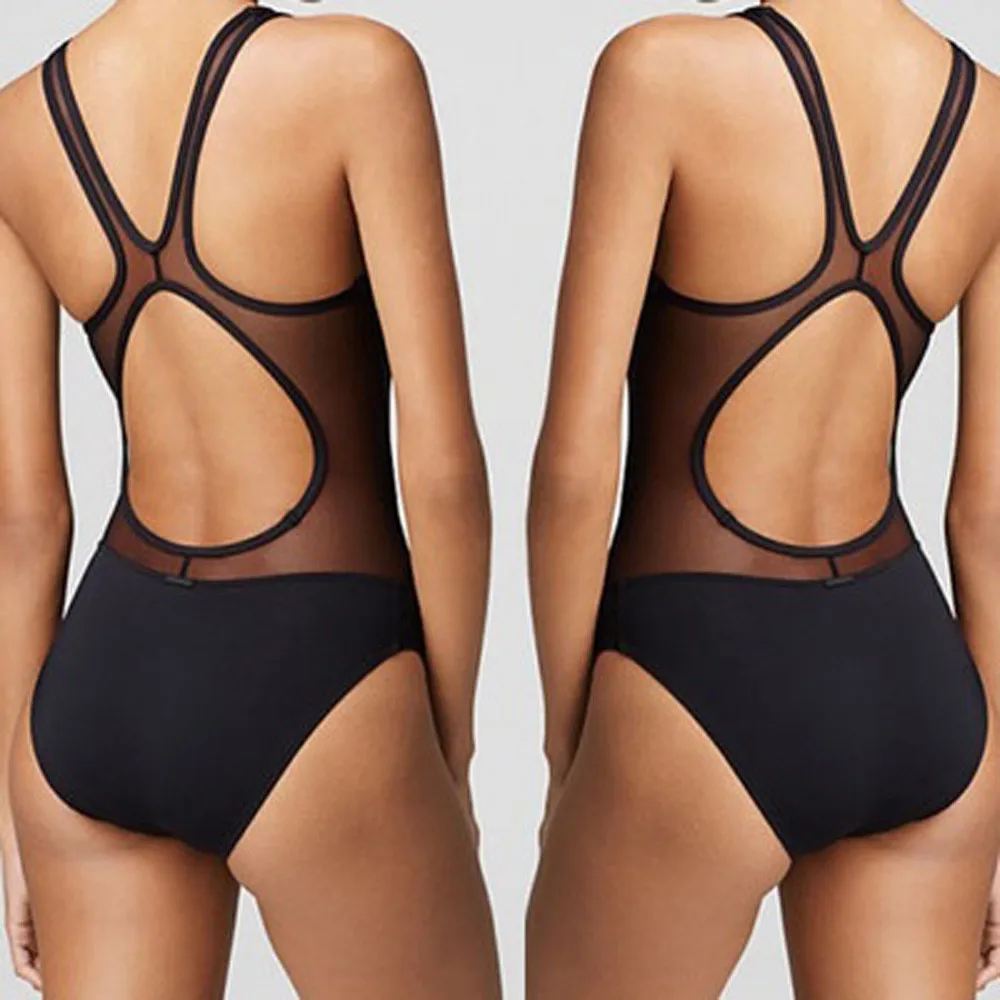 Mesh Patchwork One Piece Swimwear Solid Color Monokini Swimsuit Padded Push Up Biquini Beach Bathing Suit Maio Feminino Praia