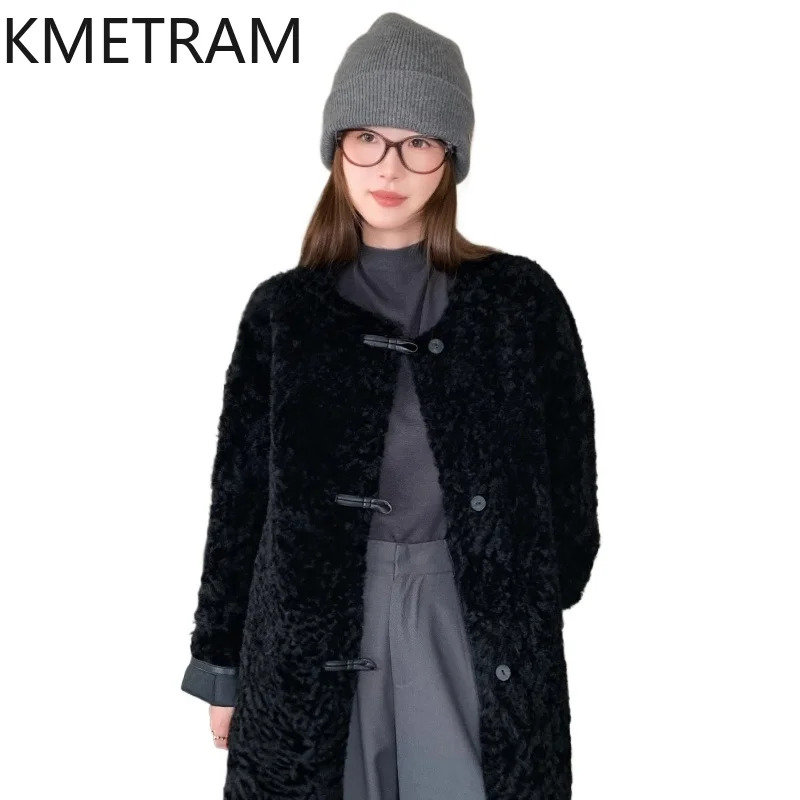 معطف فرو صوف الغنم من صوف ميرينو 100% من KMETRAM سترة سوداء دافئة من الفرو الحقيقي ملابس الخريف والشتاء 2025 أربعة نسائية