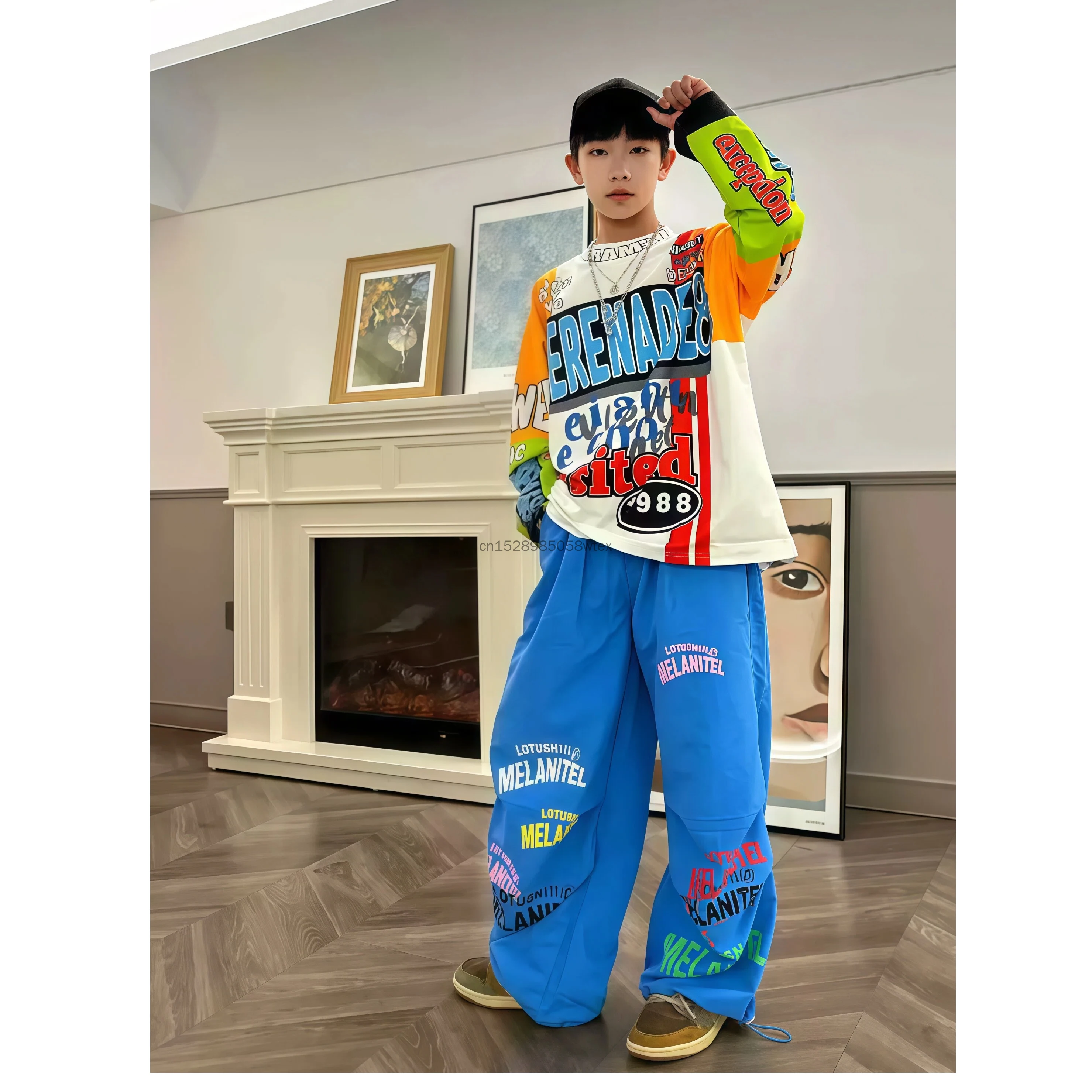

Kid Kpop Hip Hop Clothing White Yellow Print Sweatshirt Denim Blue Ripped Baggy Jeans Pants for Girl Boy Dance Costume Clothes