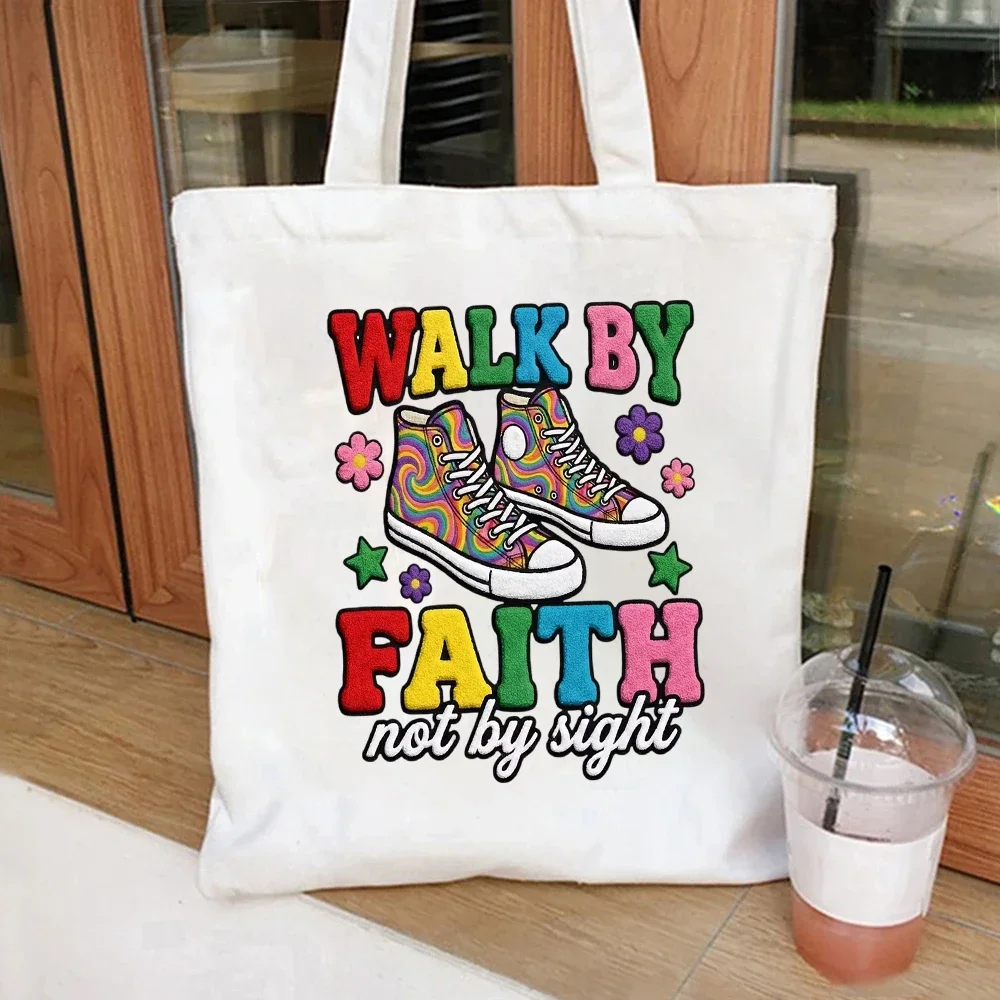 Walk by Faith Canvas Tote Bag Tie Dye Sneaker Print Handbag For Believer Casual Daily Use Everyday Commute,Travel,school
