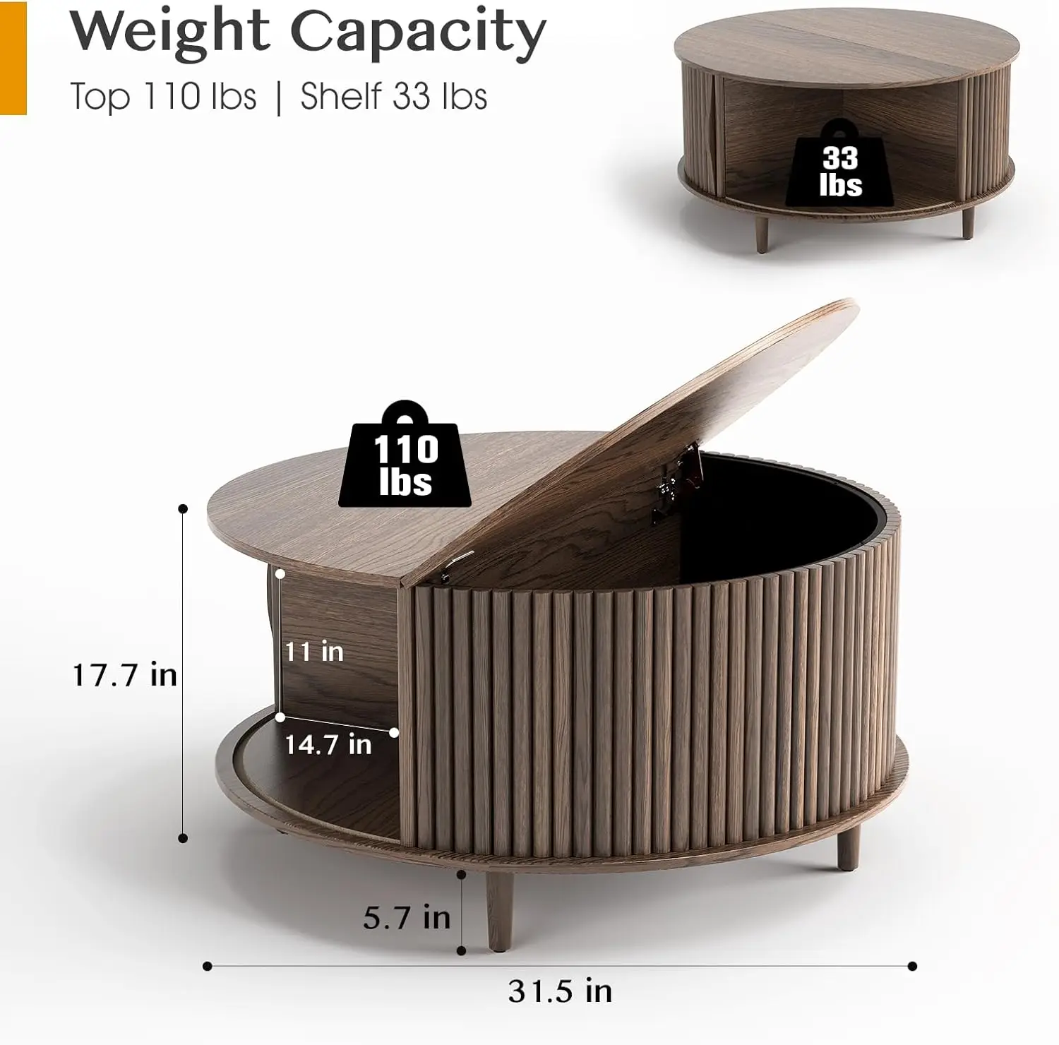 طاولة قهوة مستديرة مقاس 31.5 بوصة مع مساحة تخزين - باب خزانة منزلق مخدد (جوز) #2