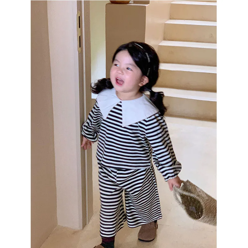 

Girls Striped Sets Baby Fashion Casual Thin Section Suit Spring Autumn New Children Lapel Top Pants Two-Piece Set 2-8 Years Old