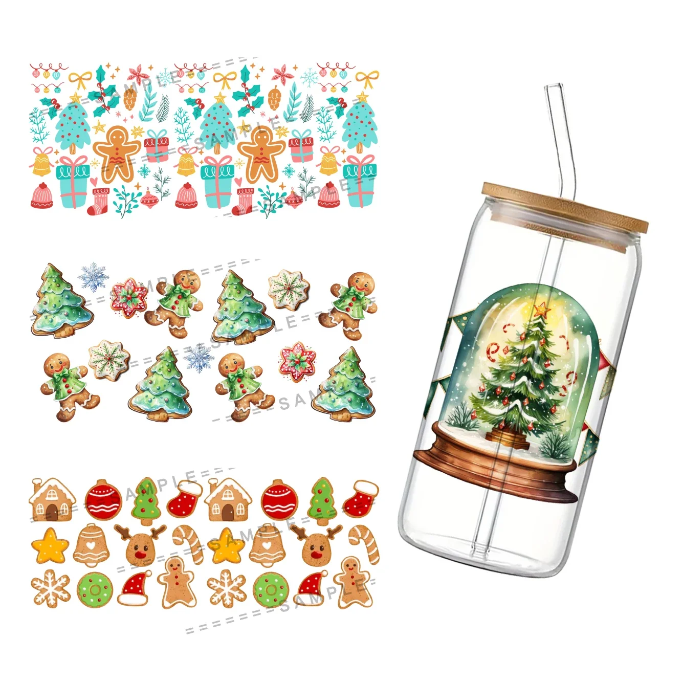 Christmas Theme UV DTF Transfers Stickers Decals For 16oz Libbey Cold Cups Mugs Tumbler Waterproof DIY Craft 16oz Christmas