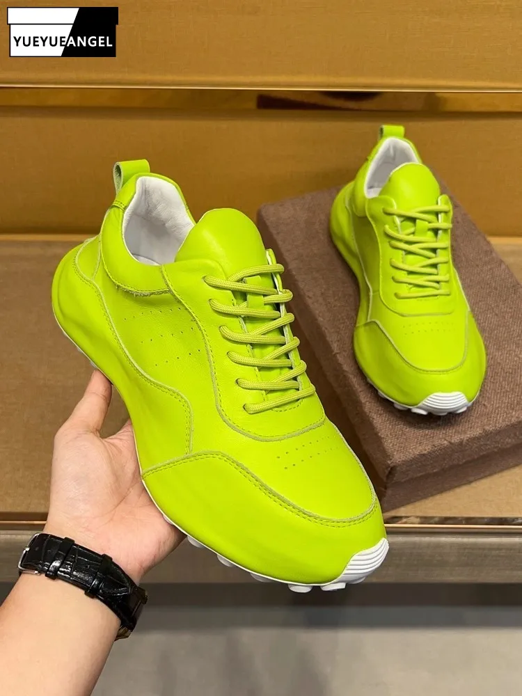 Fashion Mens Genuine Leather Sneakers Lace Up Cushioning Platform Casual Footwear High Street Solid Color Designer Shoes Male