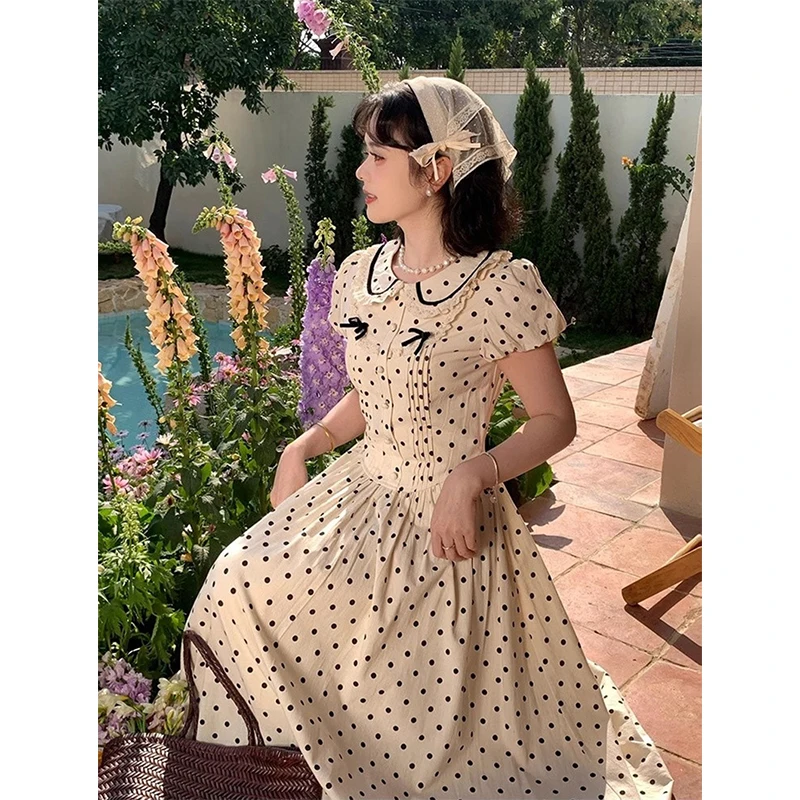 Sukienka midi w kropki vintage damska kawaii kokarda koronkowa sukienka letnia elegancka koreańska bufiaste krótkie rękawy obcisła vestidos