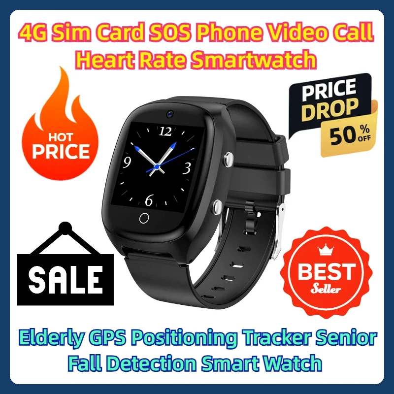 

4G Sim Card SOS Phone Video Call Heart Rate Smartwatch Elderly GPS Positioning Tracker Senior Fall Detection Smart Watch