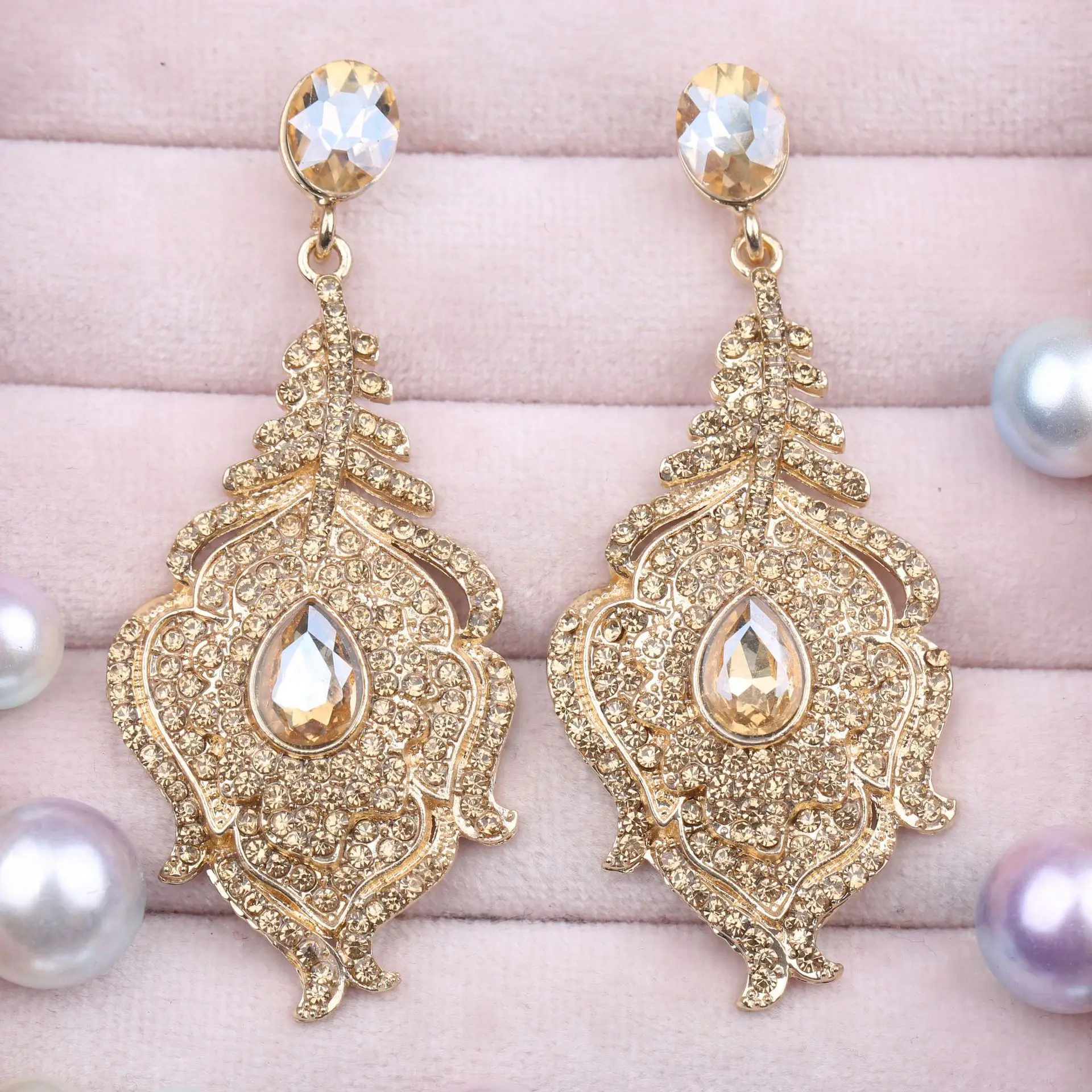 Luxury Ladies Rose Style Full Diamond Heavy Industry Zinc Alloy Earrings Elegant Bridal Jewelry Earrings