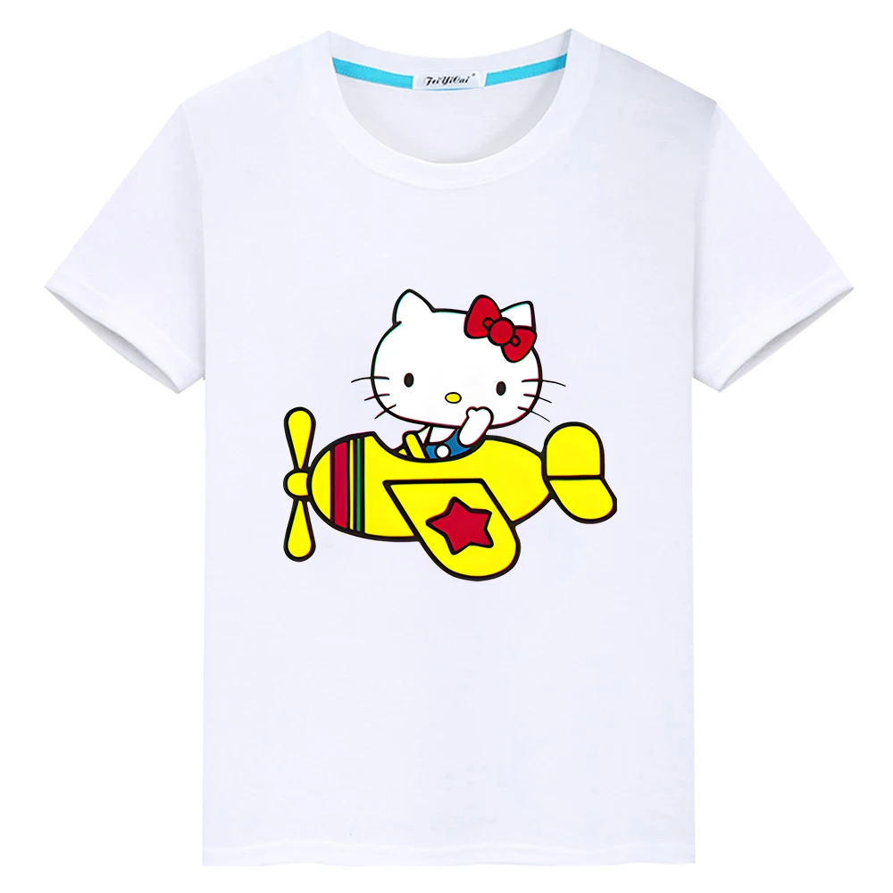 Camiseta con estampado de hello kitty para niños y niñas, camisetas cortas de Anime de dibujos animados, 100% algodón, ropa y2k, regalo para niños