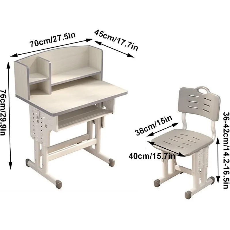 Kids Study Desk and Chair Set Height Adjustable Super Load-bearing Spacious Study Table Chair with School Bag Hook 45 X 70cm