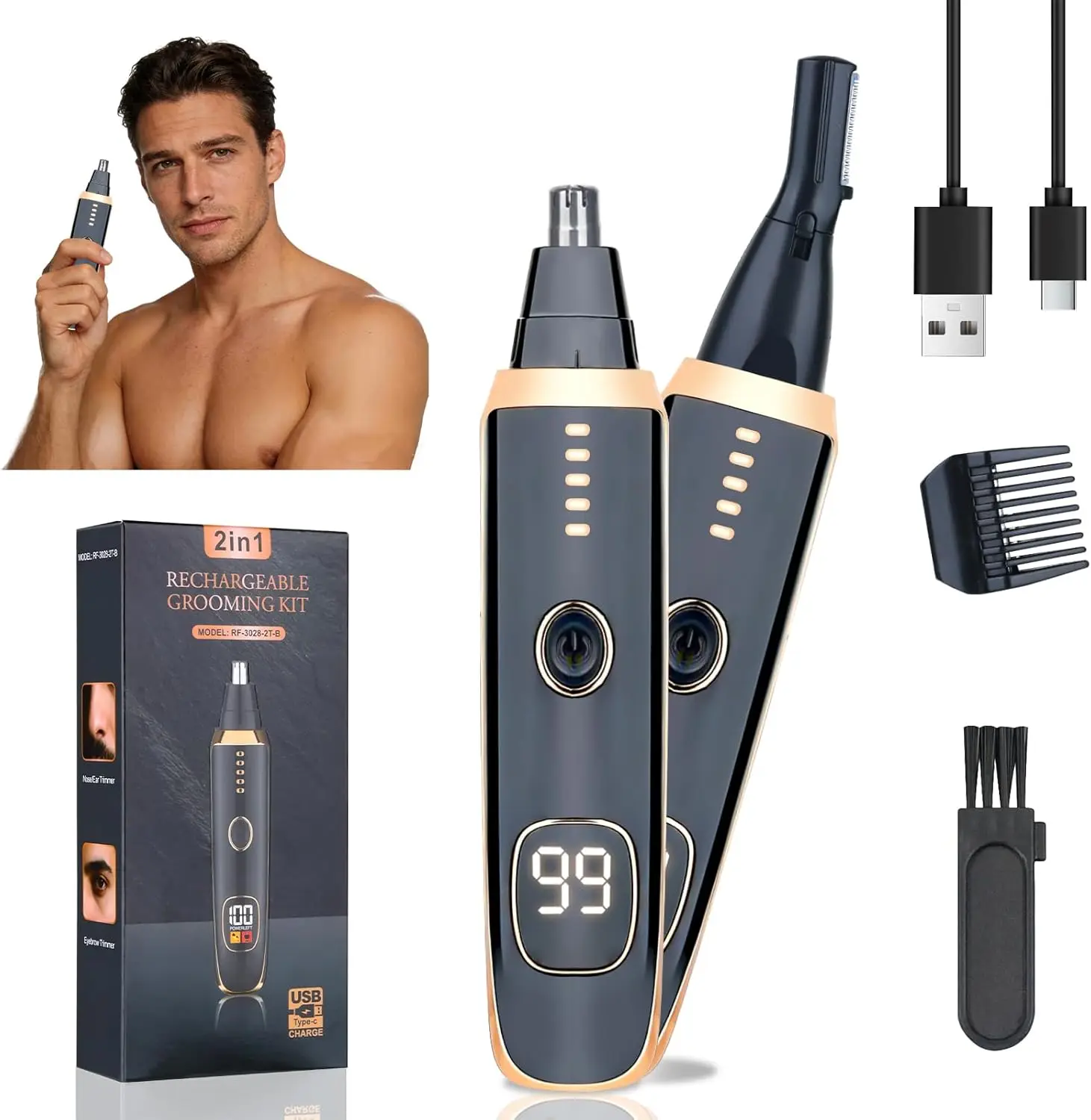 

2-in-1 LED Eyebrow & Facial Hair Trimmer, USB Rechargeable, Waterproof for Travel