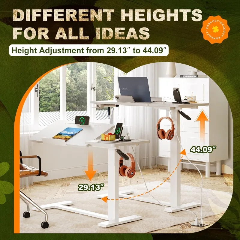 مكتب قائم، طاولة طبية فوق السرير مع صينية دوارة ومخرج طاقة، زاوية هوائية مزدوجة ومكتب قابل لضبط الارتفاع