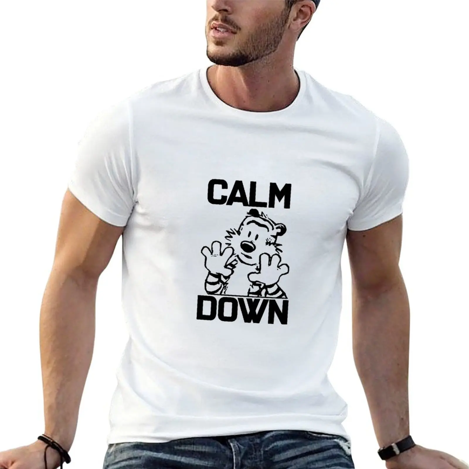 CALVIN and HOBBES CALM DOWN Funny Stuffed Tiger Cartoon T-Shirt Simple Trendy Casual T-Shirt