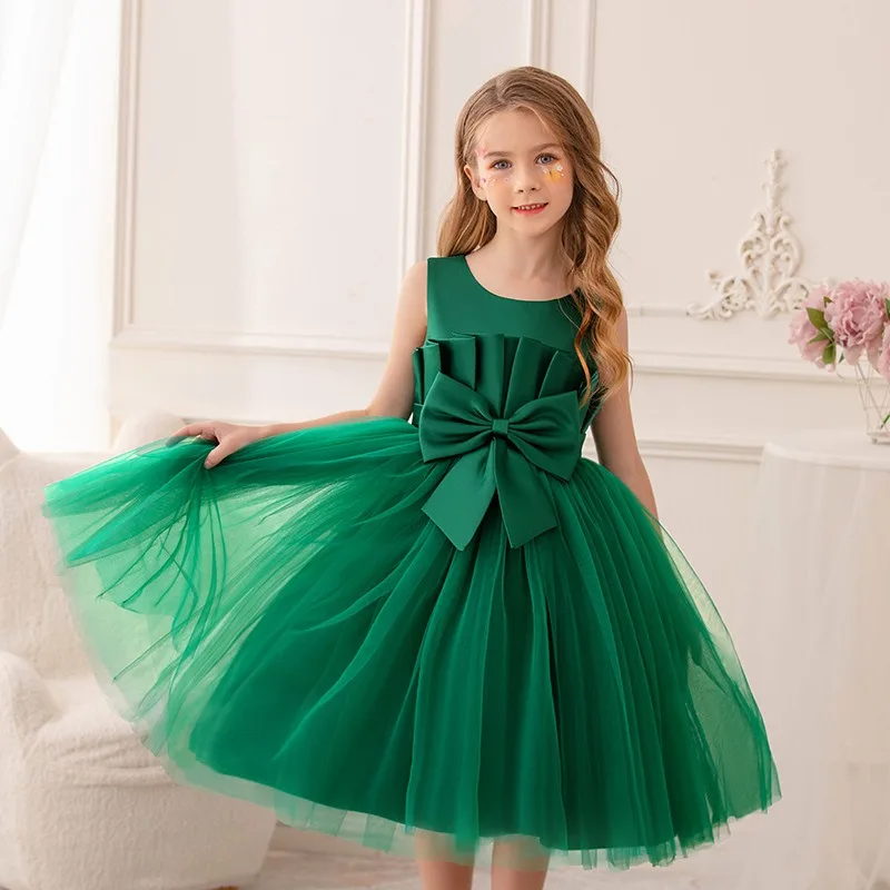 2-12 Years Old Green Sleeveless Bow Girl's Dresses Summer Sweet Party Kid Vestidos 2 4 6 8 10 12Years Old Kids Clothes OGF244441