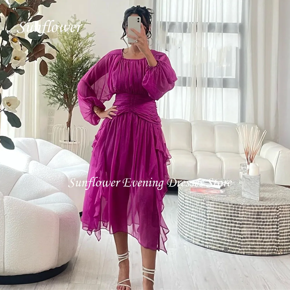 

Sunflower Square Collar Prom Gown Pleat A-LINE Evening Dress Slim Chiffon Party Dress 2023 Long Sleeve Tea-Length Prom Dress