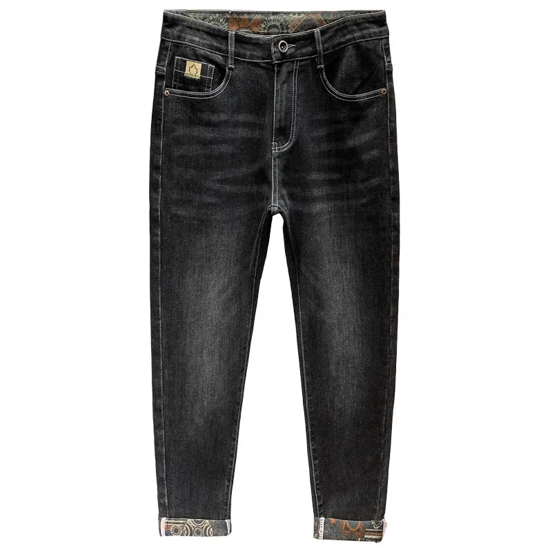 

Jeans Autumn Winter Cashmere Thickening Slim Feet Nine Minutes Embroidery Spring Autumn Tide Brand Elasticity Adult Gentleman