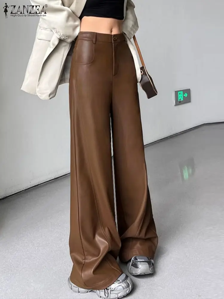 

ZANZEA Women PU Leather Pants Sexy Pockets Long Pantalons Elegant Wide Leg Mid Waisted Trousers 2023 Autumn Solid Flared Pants