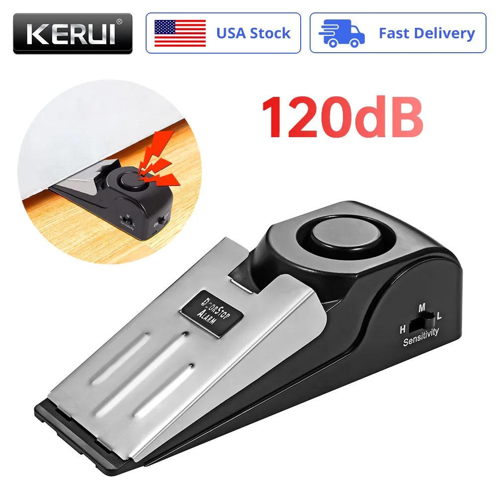 Wireless Anti-theft Door Stop Alarm 125dB High Decibel Pressure Trigger Door Wedge Stopper 3 Adjustable Sensitivity Safety Devic