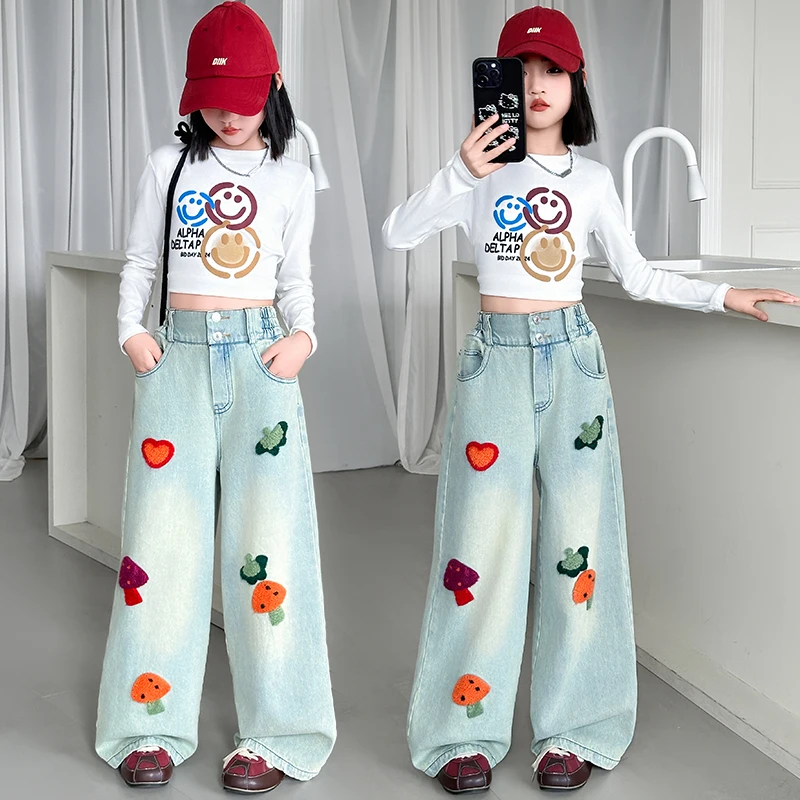 spring 4-14 teen girl jeans junior kid cotton white short s-shirt Towel embroidered high waisted jean pants youth child trousers