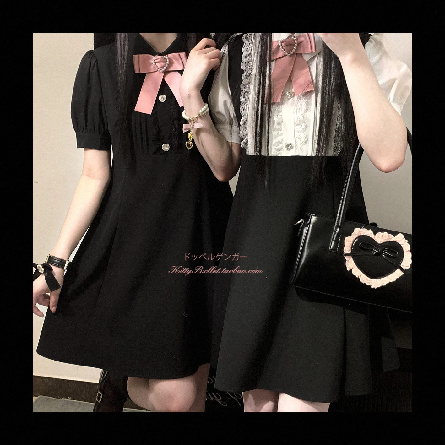 Dophee Original Landmine System Women Dreeses Cute Beads Bow Colorblock Puff Short Sleeve A-line Peter Pan Collar Mini Dress