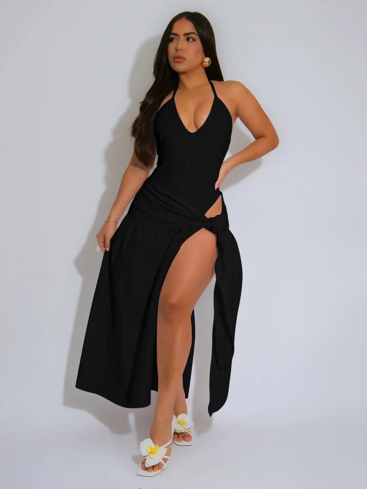 

Sister Star Women's Temperament Elegant Pure Color Tie Sexy Hanging Neck Backless Open Fork Half-body Long Skirt Two-piece Set