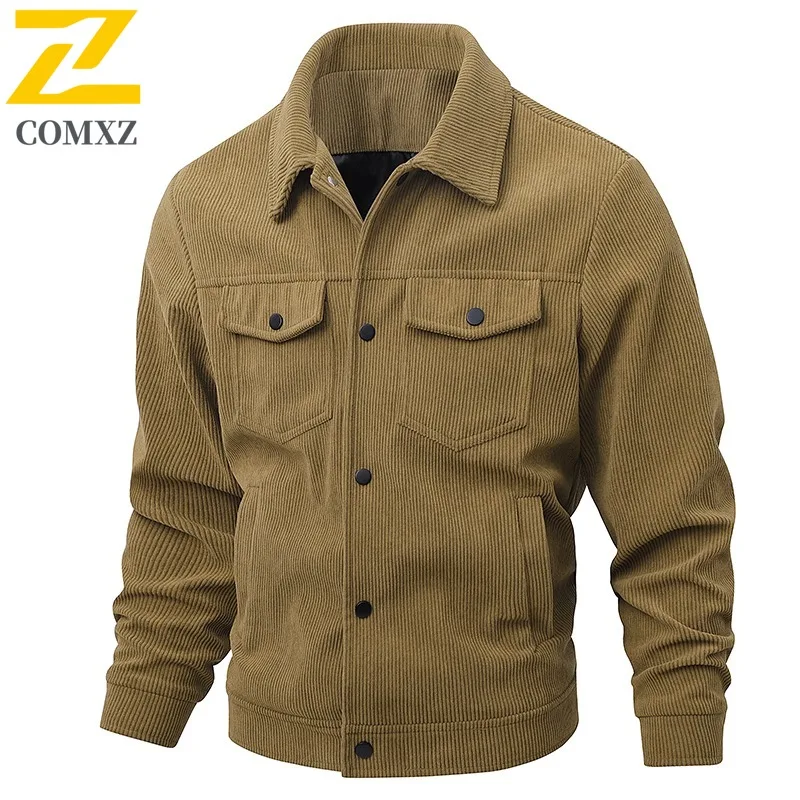 

COMXZ 2025 Мужская вельветовая куртка с воротником-стойкой, весенне-осеннее простое универсальное модное молодежное повседневное легкое пальто