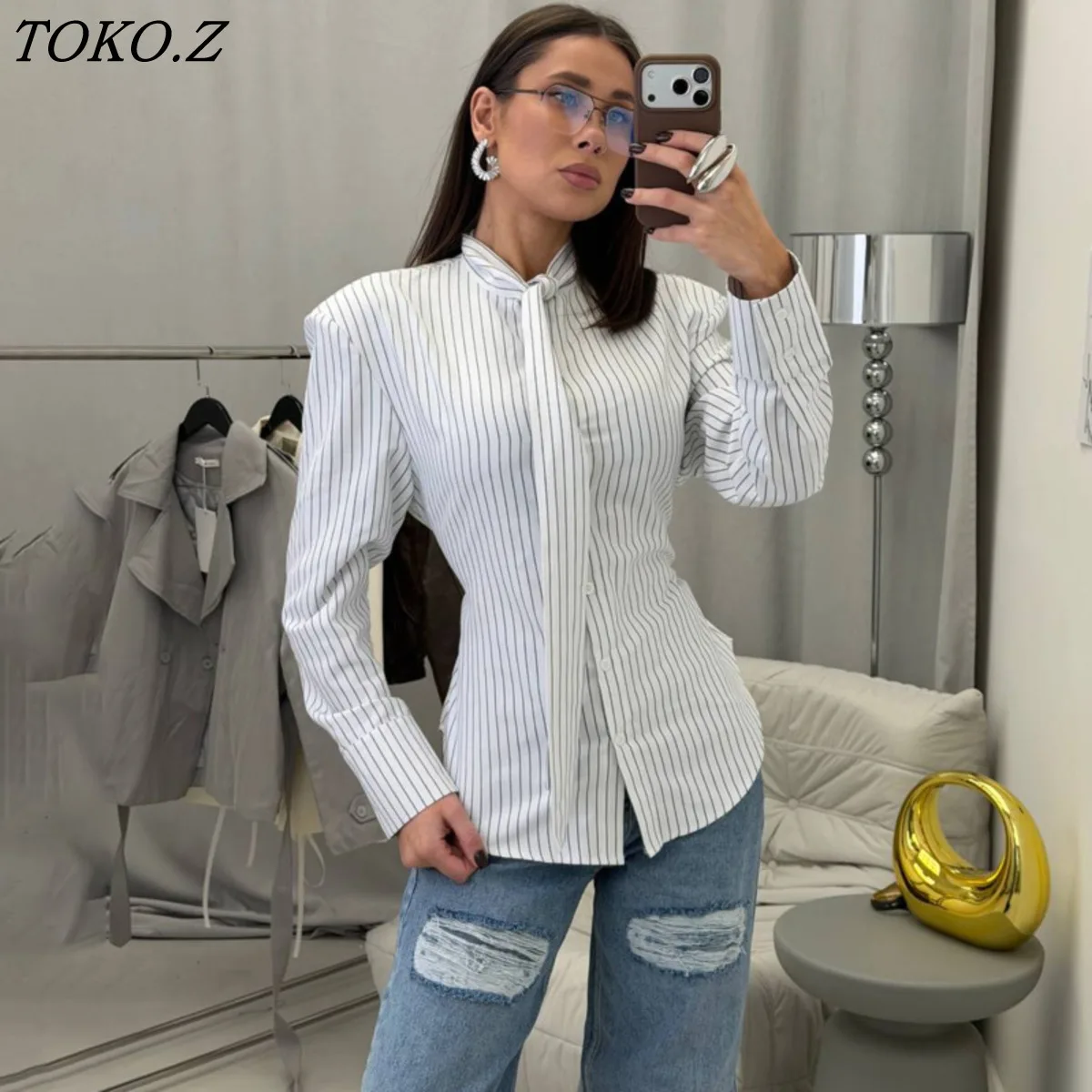 

TOKO 2026 New Women Striped Shirt Tie Neck Padded Shoulder Ruched Back Tie Waist Long Sleeve Button Down Blouse Top