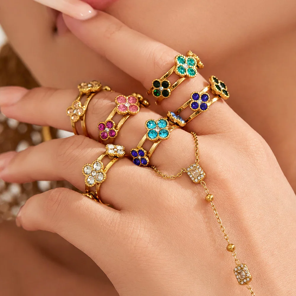 Farbiger Blumen-Zirkon Glücksbringer Vierblättriges Kleeblatt Offener Ring 316L Edelstahlring 18K vergoldet Trendiger Modeschmuck für Damen – Detail 5