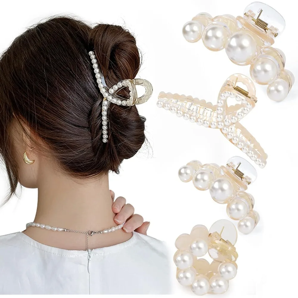 

4 PCS Large Pearl Hair Claw Clips Fashion Barrette Clamps for Women And Girls Thick Or Thin Hair Accessories Headwear