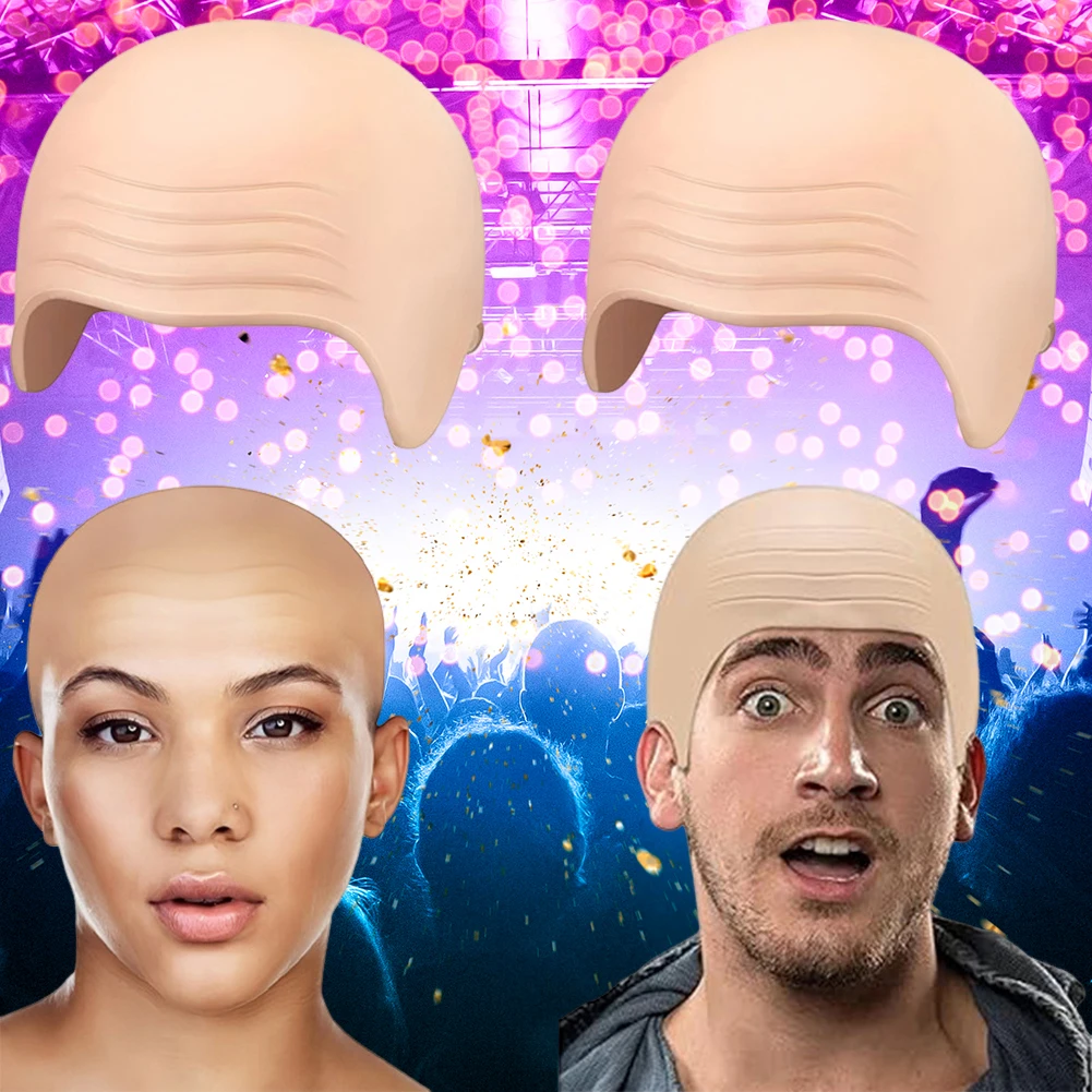 Fake Bald Wig Cap with Glasses Nude Latex Bald Cap with Beard Adults Bald Cap for Stage Play Accessory