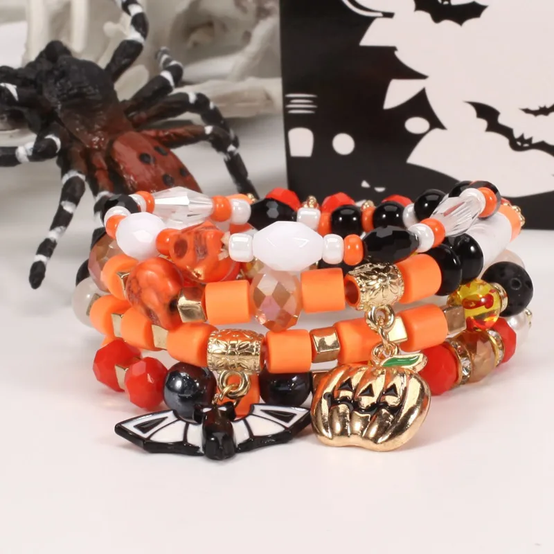 Halloween Pumpkin Spider Multi Layer Bat Hanging Bracelet Artificial Crystal Soft Ceramic Bead Party Hand String Halloween New