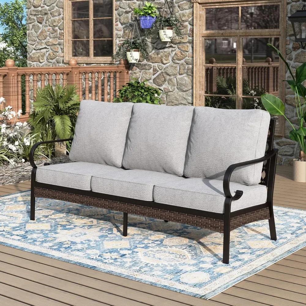 

Patio Furniture Sofa, 3-Seat Patio Sofa Steel Frame Outdoor Sectional Couch with Deep Seating and 5.75” Cushions for Lawn Backya