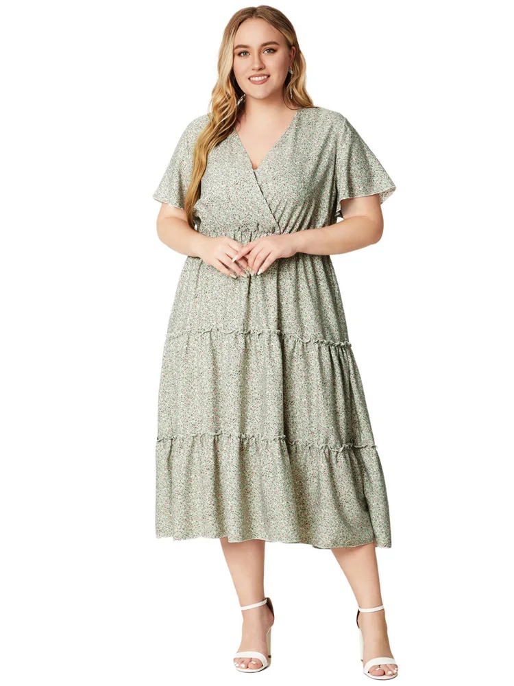 Gibsie Plus Size Ditsy Bloemen Zomer Lange Jurk Vrouwen 2024 Vakantie V-Hals Korte Mouw Sweet Casual Elastische Boho A-Line Jurken