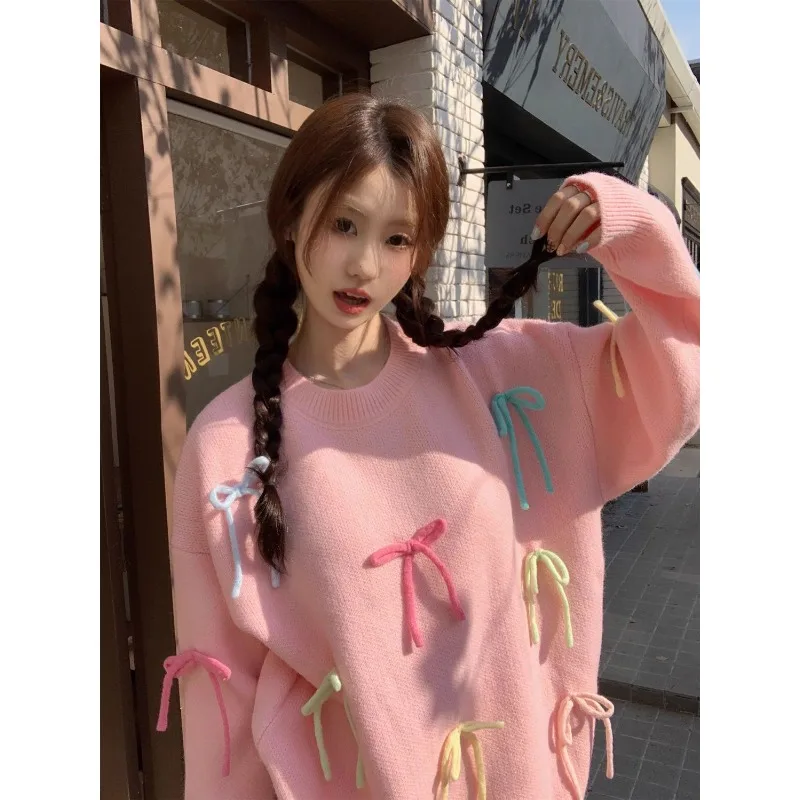 Pull rose avec nœud au dos, nouveau Style, automne et hiver, tricoté au dos, style coréen, à la mode et doux, haut de Style français