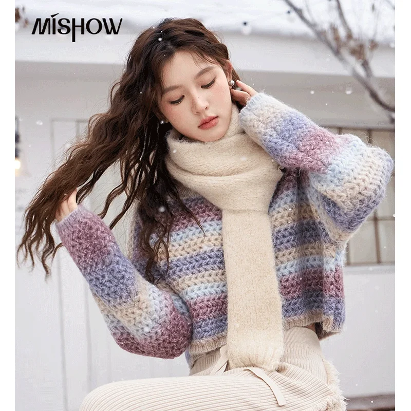 

MISHOW Women's Tie Dye Gradient Sweater 2023 Pullover Crew Neck Short Knitted Autumn Winter Female Clothing Knitwears MXC51Z0313