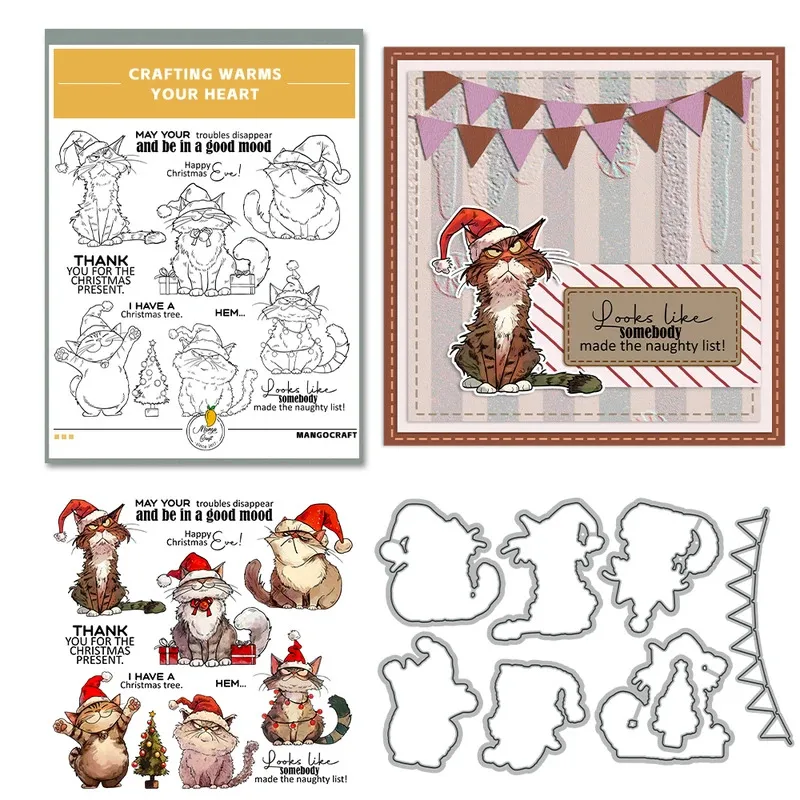 Funny Christmas Cats Cutting Dies Clear Stamp DIY Scrapbooking Metal Dies Silicone Stamp For Cards