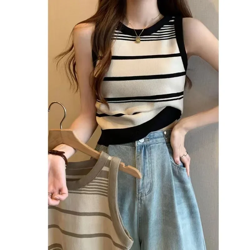 Casual Women's Striped Knitting Sleeveless tanks with Contrasting Gown Tops (Pink/Black and White)