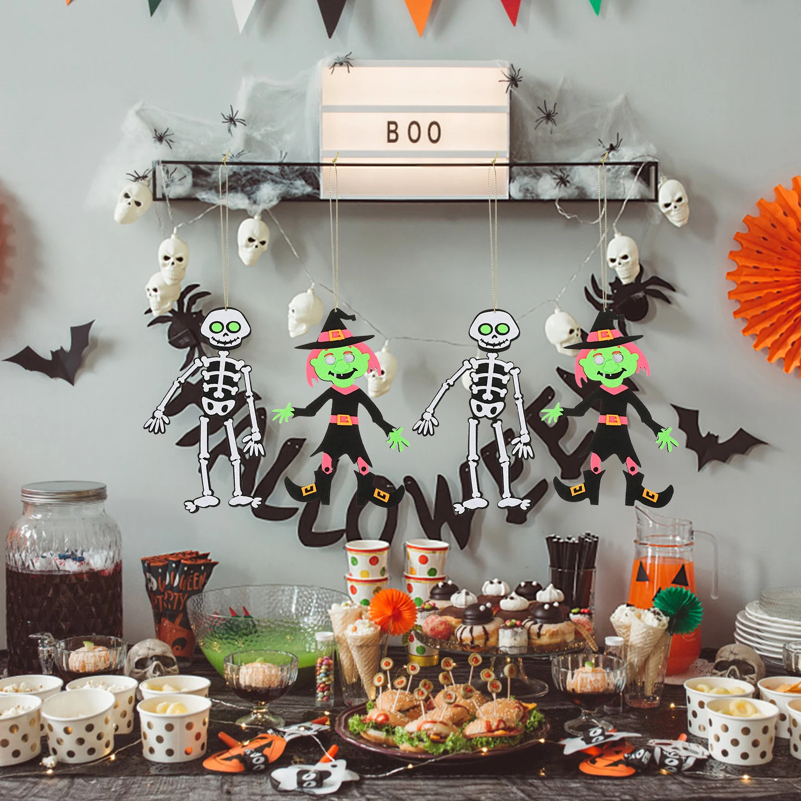 4pcs Felt Witch Pendant Halloween Decorations Skull Ghost Ornaments for Party Home Wall Window Decor Felt