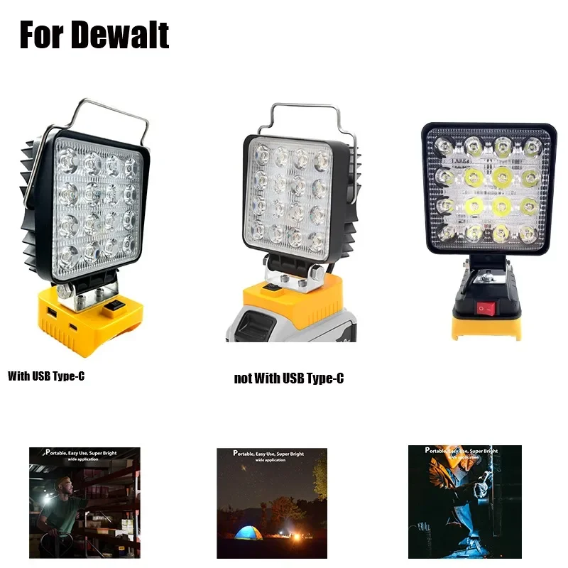 Work Light Flashlight for Dewalt 18V 20V Lithium Battery Cordless LED Work Light Outdoor Lighting Camping Emergency Floodlight