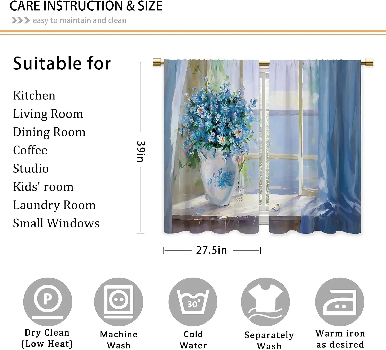 Blue Floral Watercolor Bouquet Curtain 2pcs Pair Drapes Panel Window Curtain for Living Room Bedroom Aesthetic Home Decor