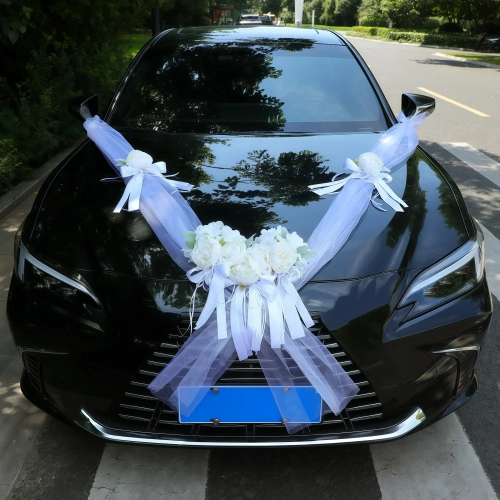 1set Artificial Rose White Tulle Wedding Car Decoration Set Suction Cup Hood Flower with Pull Ribbon for Bridal Procession