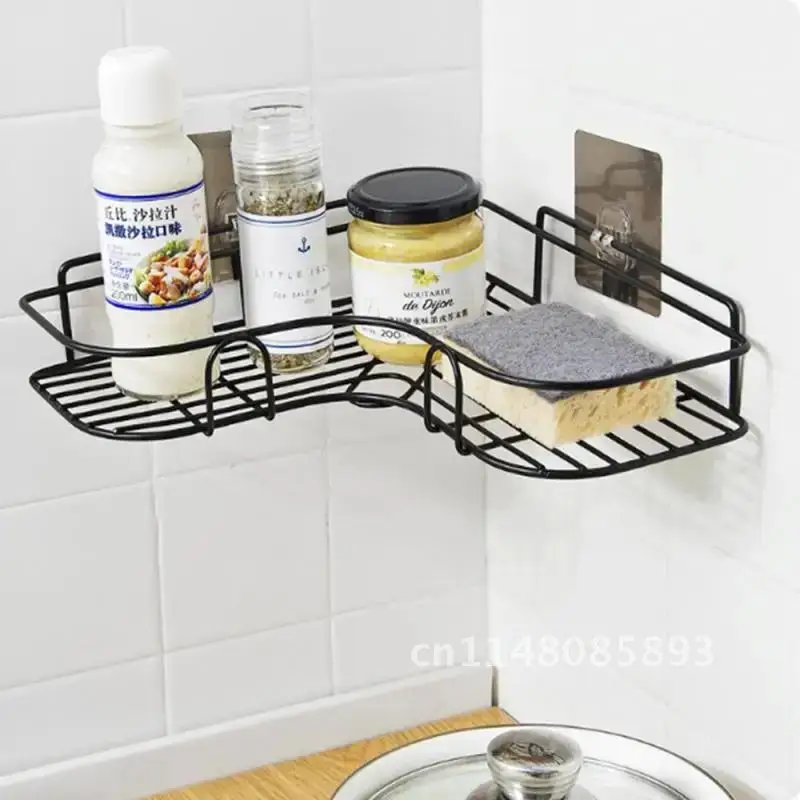 Punch Free Corner Bathroom Shelf Bathroom Fixtures Wrought Iron Storage Rack Kitchen Tripod Wall Shelf  Bathroom Accessories