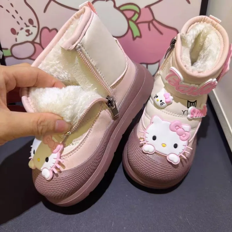 

Kawaii Hello Kitty Sanrio, детские удобные теплые ботильоны с милым рисунком, утепленные нескользящие ботинки, обувь на плоской подошве, подарок для детей